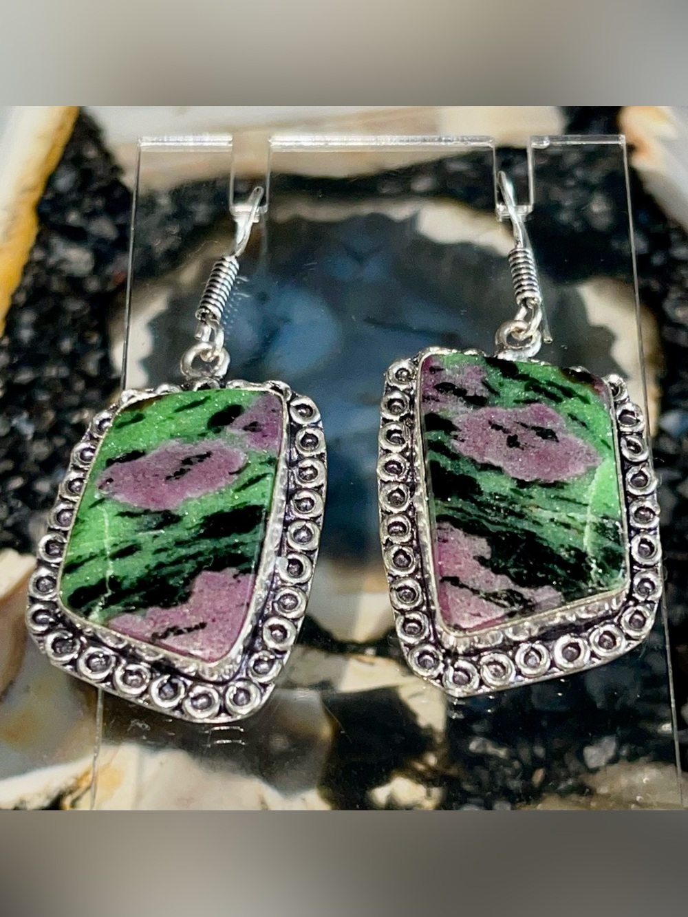 Dark Green & a Purple Specks Ruby Zoisite Earrings 2”